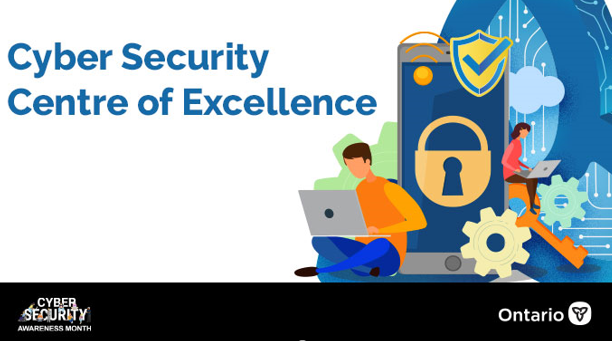A graphic which reads Cyber Security Centre of Excellence in blue lettering with images of figures logging into tech devices.