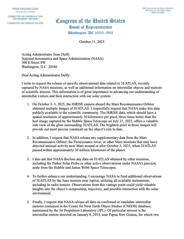 A Request for NASA to Release Scientific Data on 3I/ATLAS A Request for NASA to Release Scientific Data on 3I/ATLAS