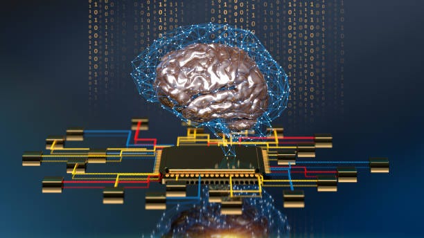 A digital background depicting innovative technologies in (AI) artificial systems, neural interfaces, and internet machine learning technologies.