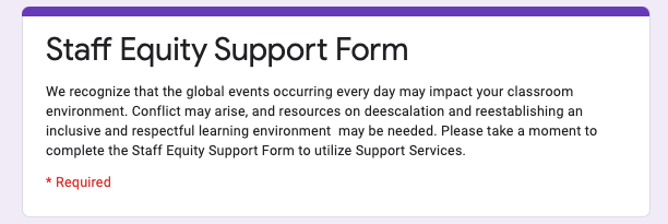 Screenshot of the header for the “Equity Support Form” survey that was sent out by the author’s employer.