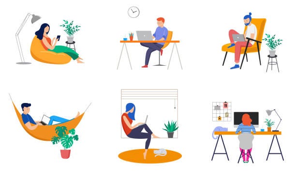Various work from home setups. Illustrated characters work from a couch, a desk, an armchair, a hammock and a windowsill.