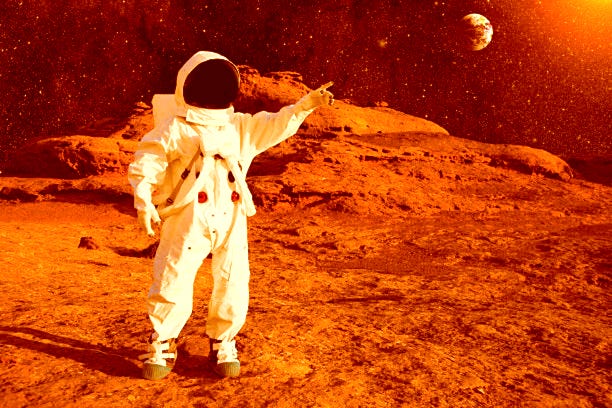 A human exploring the surface of Mars, showing  the potential of human exploration beyond Earth.