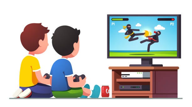 A cartoon image of two children playing a video game on TV. The TV screen shows two ninjas fighting.