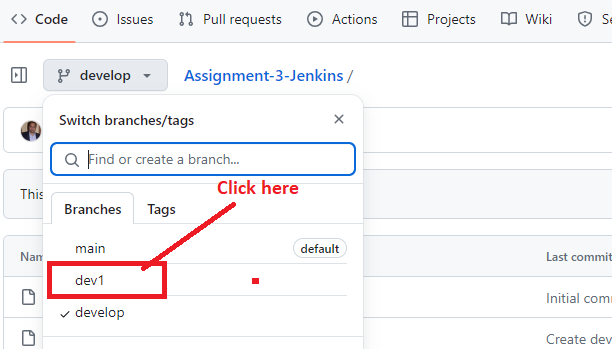 Click “dev1” branch