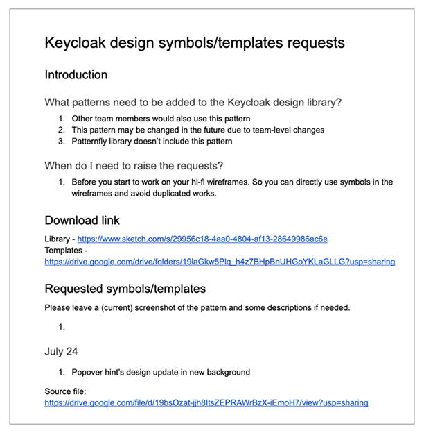 A screenshot of the request form for the Keycloak library, including a list of patterns to be added and their download links