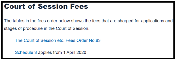 The list of links to Court of Session fees. One link is for ‘The Court of Session etc. Fees Order №83’, the other for ‘Schedule 3’.