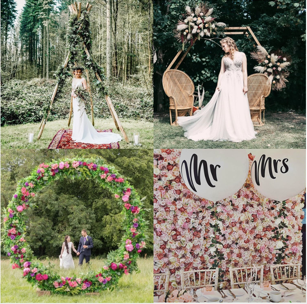 Four pictures. Top left: bride posing under a tipi. Top right: bride posing in front of a hexagonal arch that is decorated with flowers. There are two chairs underneath the arch. Bottom left: bride and groom framed by a moon arch that is decorated with pink roses and green foliage. Bottom right: a pink flower wall and two Mr and Mrs balloons are placed behind a dining table.