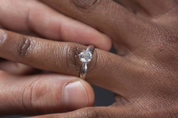 A black man’s hand putting a ring in a black woman’s finger.