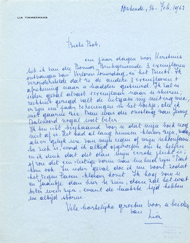 Brief van Lia Timmermans aan haar uitgever Bob van Kampen, 16 februari 1962, over de Duitse vertaling van Verloren zomerdag