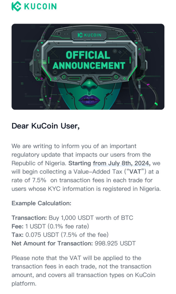 KuCoin adds 1% VAT on crypto transactions