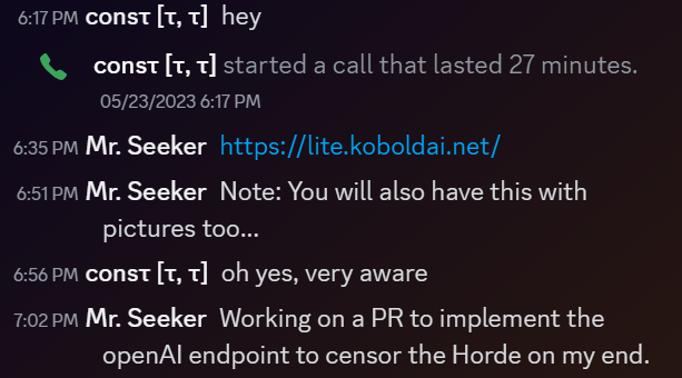 Conversation between Const and Mr. Seeker. A call that lasted 27 minutes, followed by a reply that this will also happen with pictures and that Mr. Seeker was working on a PR to censor the Horde.