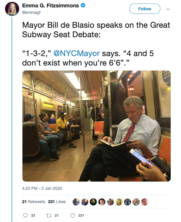 Bill De Blasio avoiding seats 4 and 5 due to his tall stature. Source: Twitter.