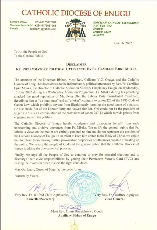 Press Release by the Catholic Diocese of Enugu in response to Fr. Mbaka’s statement