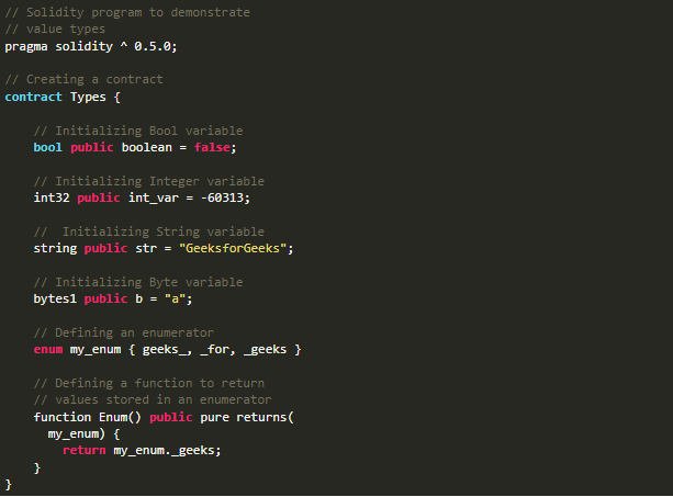 solidity program to demonstrate value types