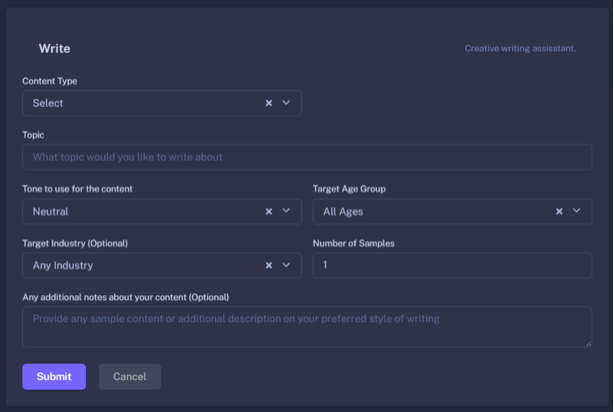 Selection of content type, tone, target age group, and target industry.
