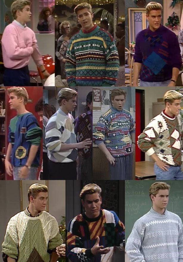 A collage of Zack Morris wearing several different colorful 90’s sweaters.