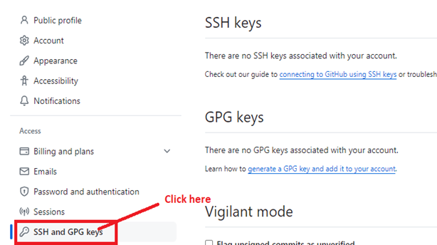 Go to “SSH and GPG Keys”