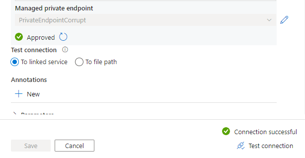 Screenshot showing that both the Private Endpoint is approved and the connection is successful