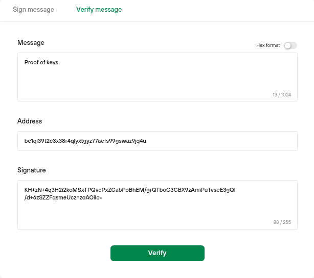 Verifying the message “Proof of keys” using a hardware wallet and Trezor Suite.
