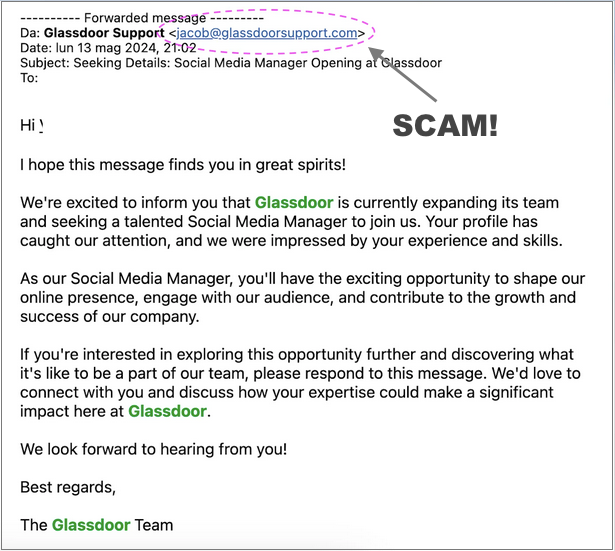 Scam attempt faking a job opportunity from Glassdoor.