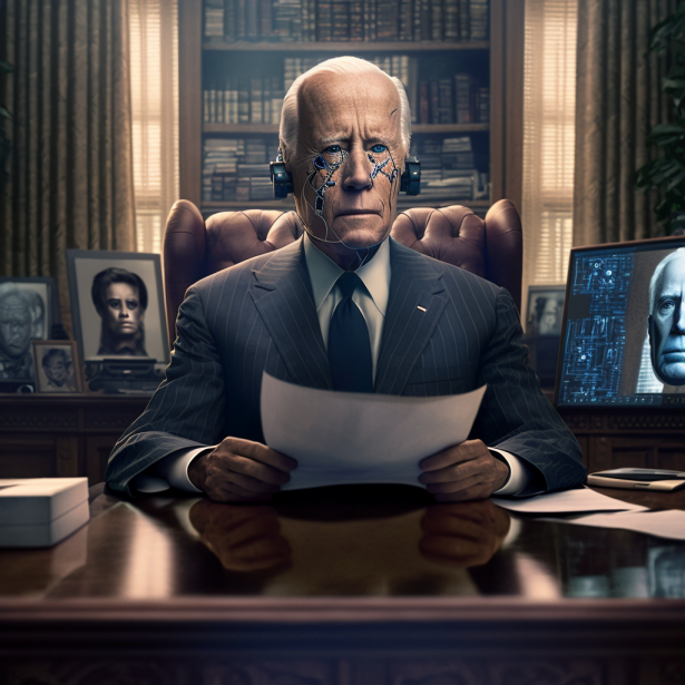 AI-generated painting of Joe Biden in the oval office seeking advice from an all-knowing AI program