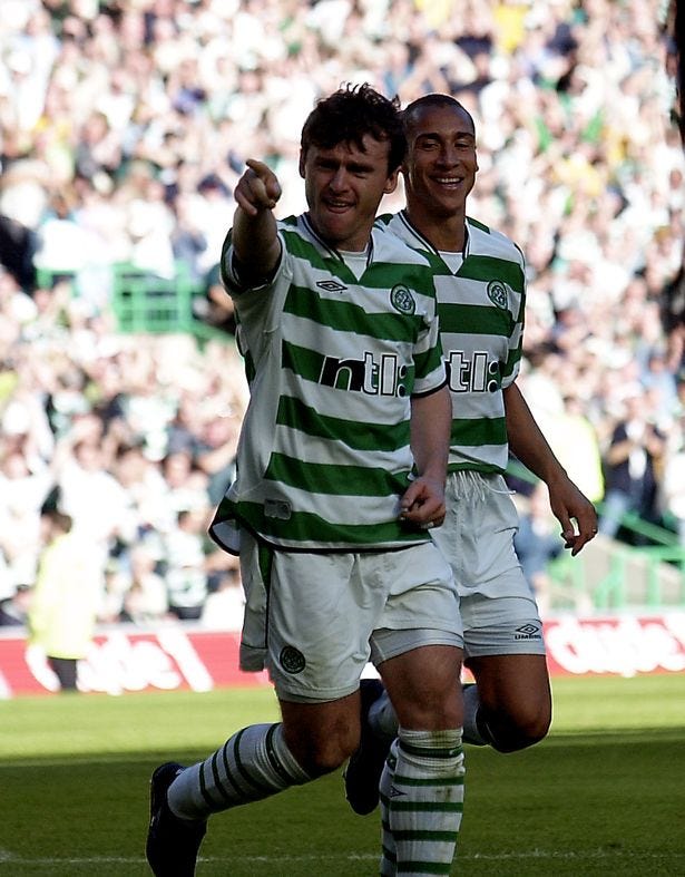Lubomir Moravcik and Henrik Larsson celebrating at Celtic