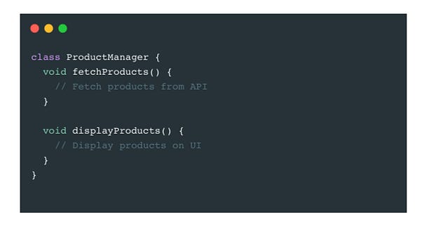 Image showing a code example demonstrating a violation of SOLID principles in Flutter, highlighting issues with code maintainability and design.