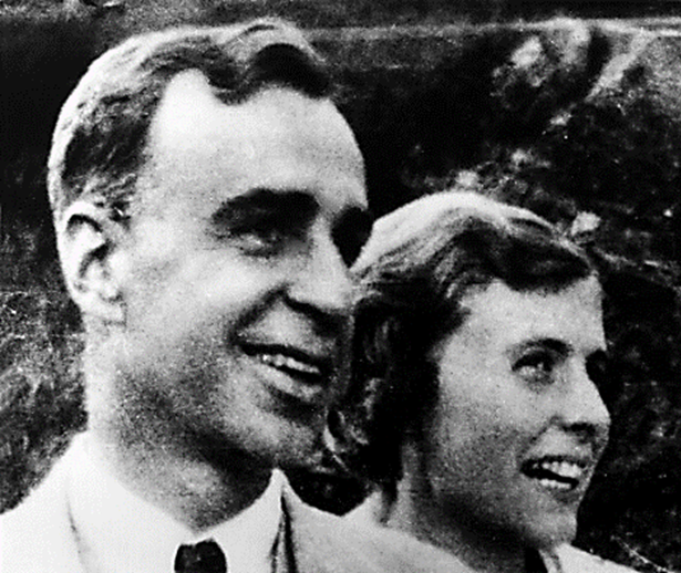 A black and white photo of a man and a woman’s profiles side by side as they look to the side.