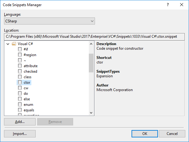 Visual studio snippet manager interface preview