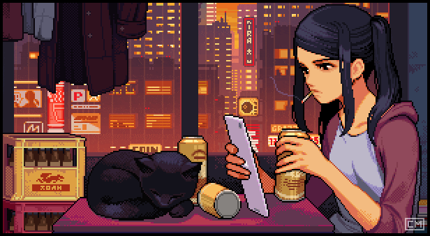Jill, a young woman, sits at a dining table with her cat. Behind the table, there’s a huge window with a view of the city. It’s a rainy night, and the dense city is lit by an orange light cast from all the billboard lights and other people’s windows.