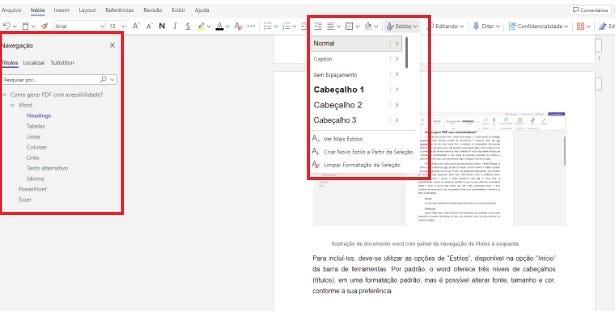 Ilustração de documento word com painel de navegação de títulos à esquerda. No topo, há a barra de ferramentas que mostra as opções do menu “Início”, em que oferece a opção de “Estilos”.