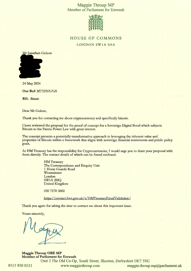 Letter from Maggie Throup MP in response to a specification for an Ideal Money design.