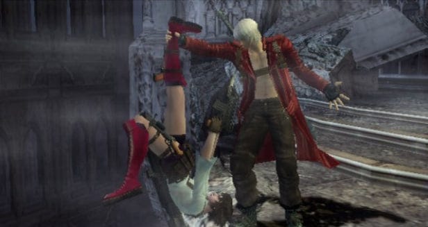 dante catches lady from falling off a cliff by her boot