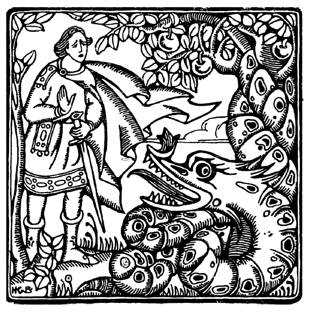 1927 black and white engraving of a fairy tale scene featuring a noble prince with a sword facing a multi-eyed serpentine Zmeu, amidst decorative foliage and stylized details.