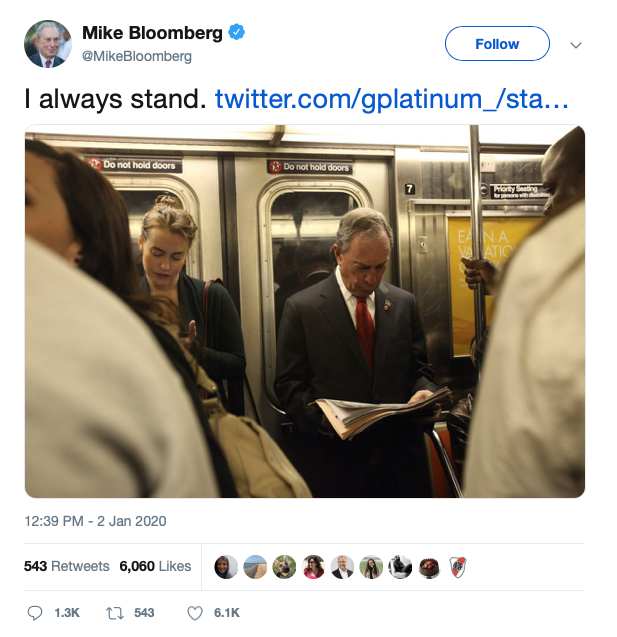 Bloomberg avoids the seats on the subway entirely! Source: Twitter.