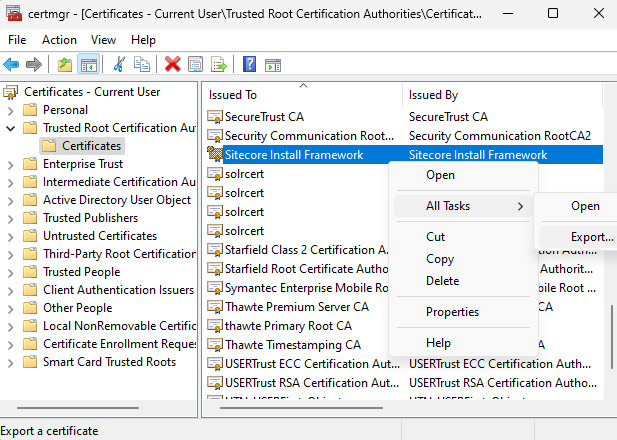 Exporting the Certificate from Manage User Certificates.