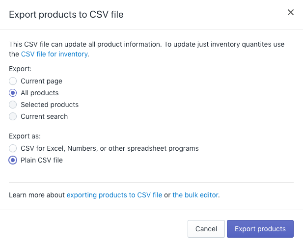 Export products to CSV in Shopify