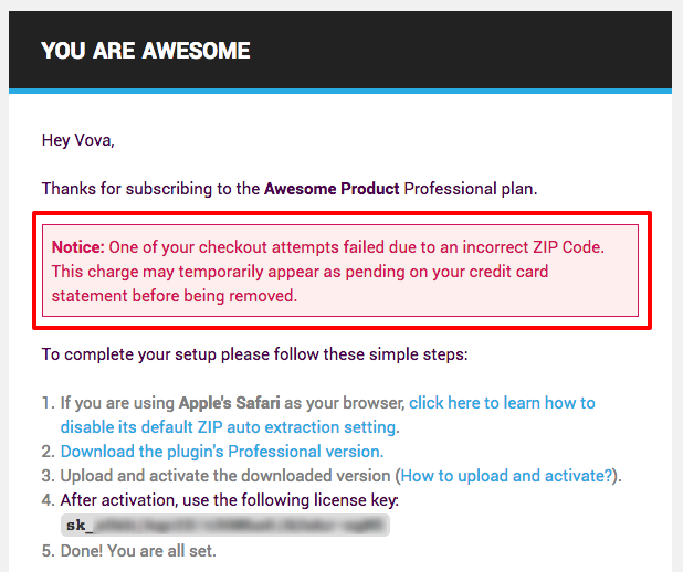 Freemius After Purchase Email - Invalid Zip Code Notice