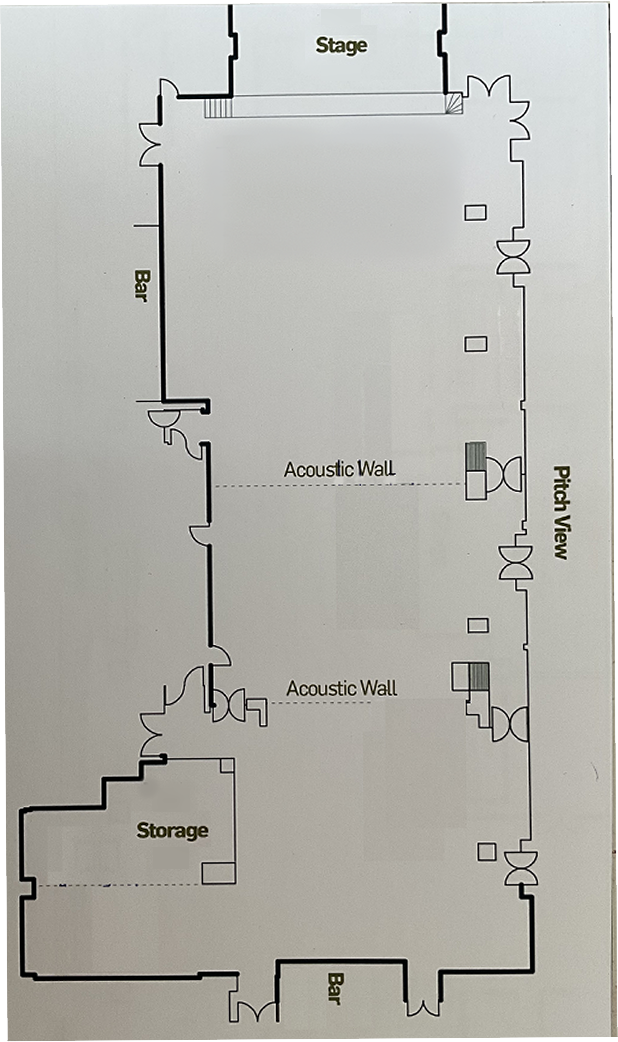 An image of the layout for the Bonser Suite. The room is predominantly rectangular and is orientated vertically. There are notes on the layout for a stage at the top, bar at the bottom, a pitch view to the right, and acoustic wall partitions that separate the space into thirds.