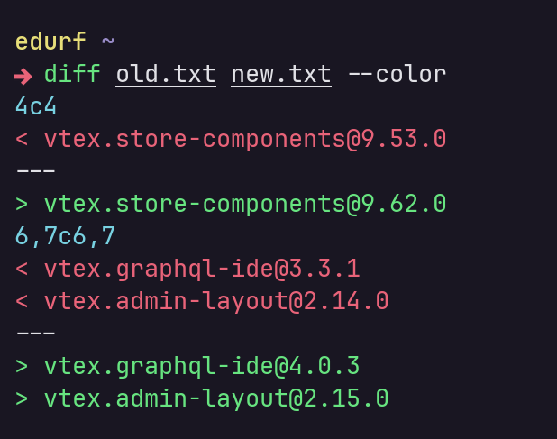 diff old.txt new.txt — color