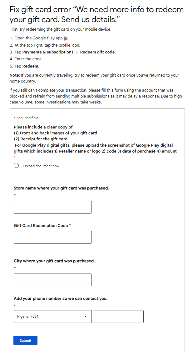 Google form: Fix gift card error “We need more info to redeem your gift card. Send us details.”
