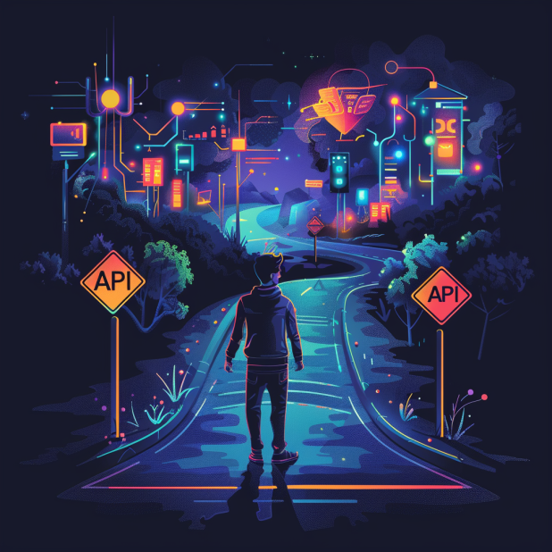 image depicting a developer standing at a crossroads, facing two diverging paths. On the left path, there’s a sign saying ‘API’, representing modern digital interfaces and integrations. On the right path, another sign reads ‘Traditional’, symbolizing conventional software development methods. Surround the scene with a digital environment or a computer interface, illustrating the choice between innovative API-driven approaches and traditional development practices.