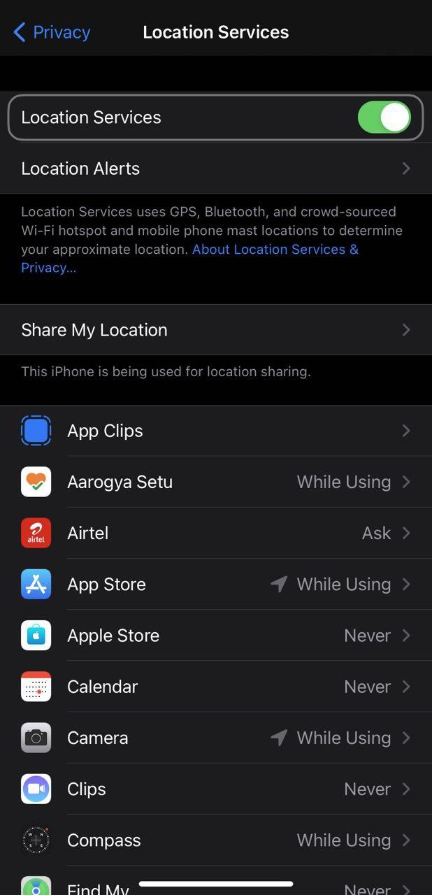 Location Services Page on iPhone 13 Pro