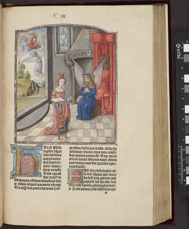 A page in which the top half contains a painted illustration depicting a woman holding a book in a room, there is a male figure with wings beside her; through the window there is an angel flying outside. The bottom half of the page contains text beginning with an illuminated initial.