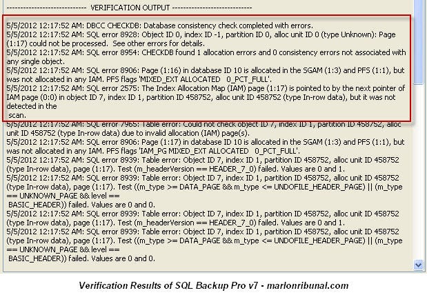 DBCC Results Produced By SQL Backup Pro v7