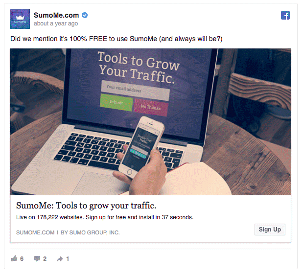 A Facebook ad showing SumoMe working on multiple devices.
