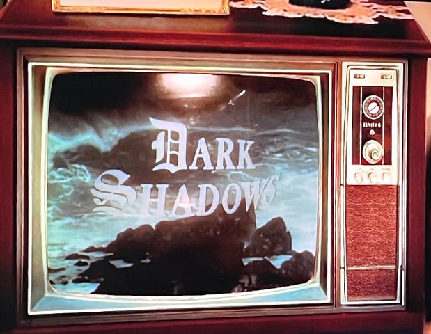 An old fashioned TV with Dark Shadows playing on the screen. Gothic horror, Barnabas Collins, nostalgia, vampire, culture.