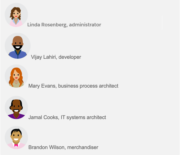 Headshot of five diverse Salesforclandian characters together with their relevant Cloud Kicks job titles.