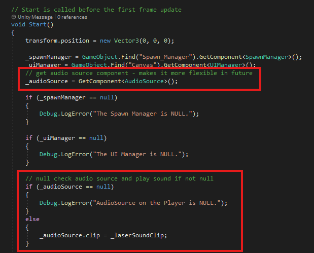 C# GetComponent with null check for grabbing the audio