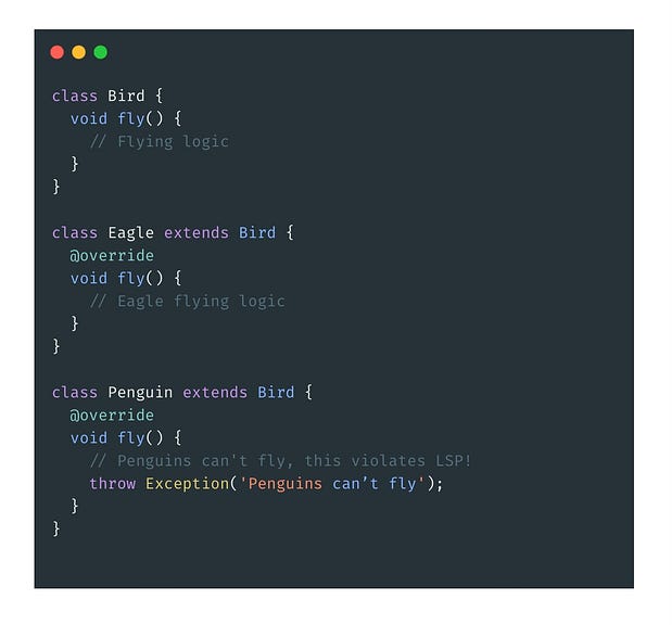 Image showing a code example demonstrating a violation of SOLID principles in Flutter, highlighting issues with code maintainability and design.